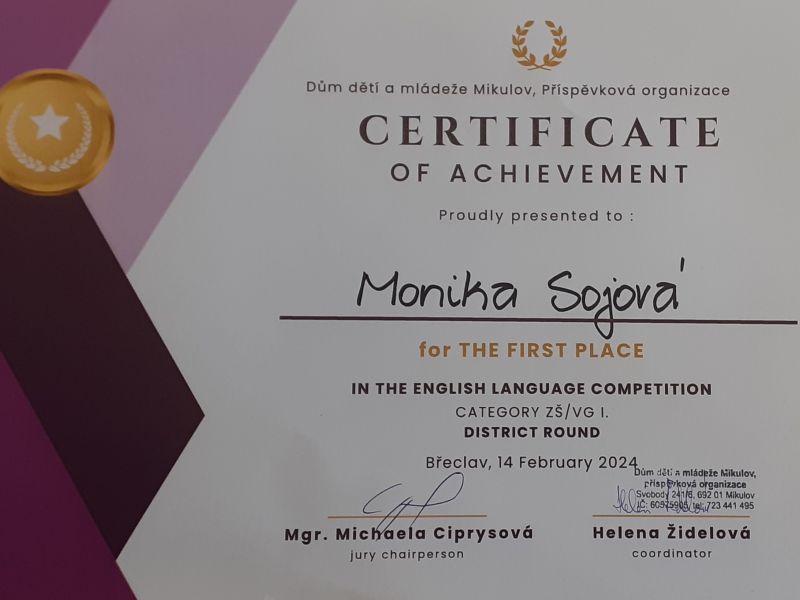 Naše studentka vyhrála okresní kolo anglické soutěže