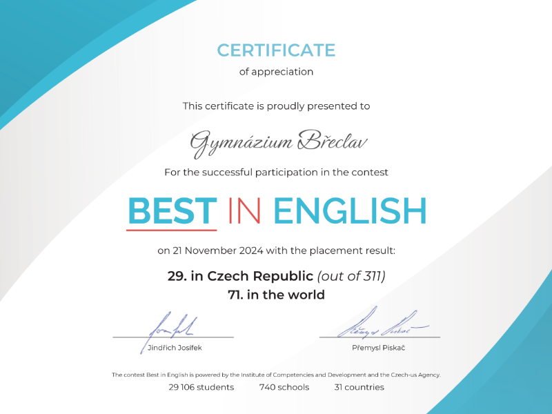 Gymnázium Břeclav boduje v mezinárodní soutěži Best in English