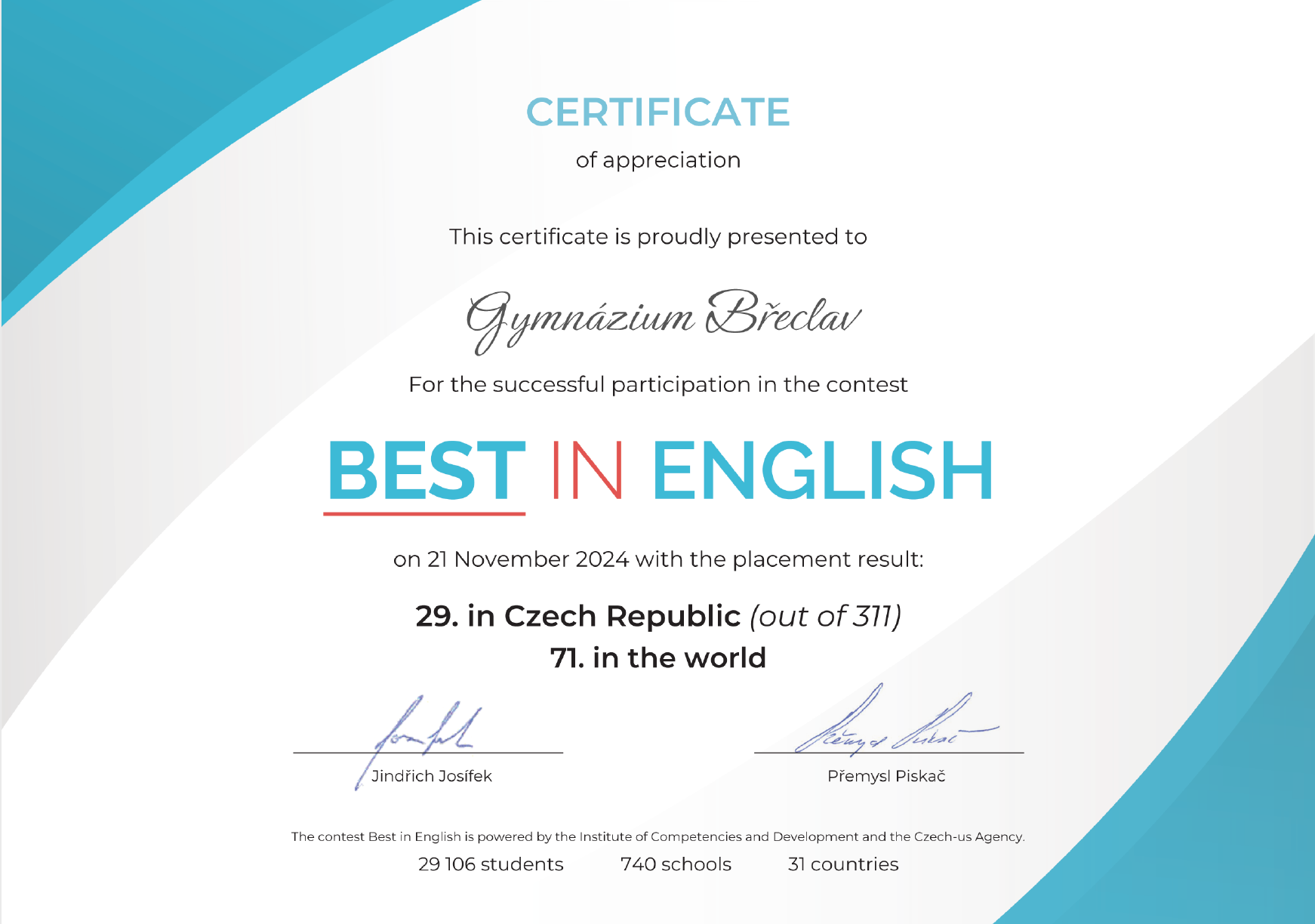 Gymnázium Břeclav boduje v mezinárodní soutěži Best in English