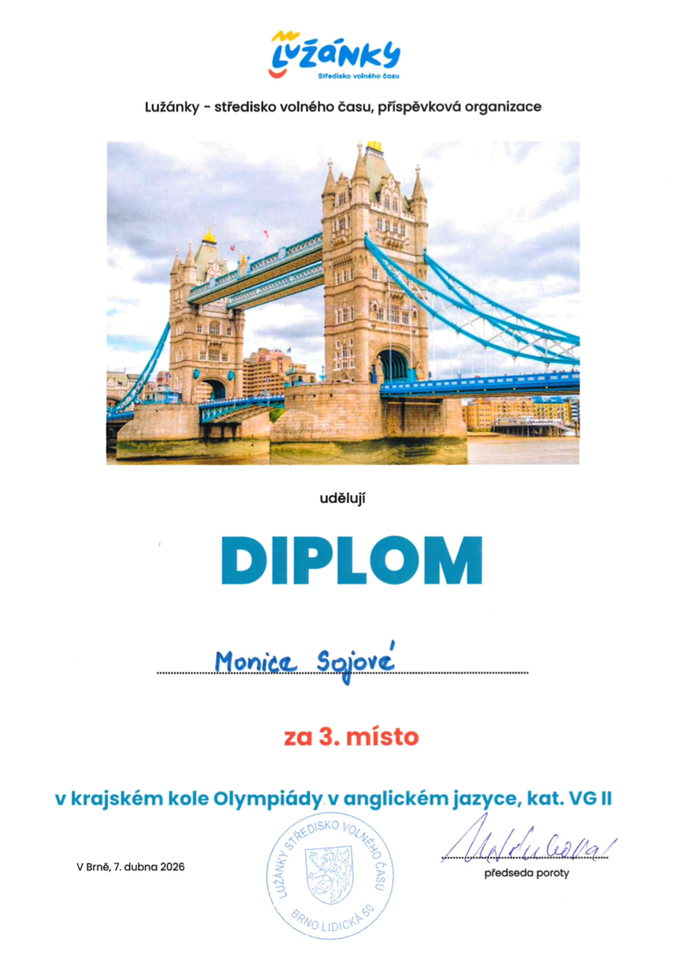 Monika Sojová z 3.A uspěla se svojí angličtinou i v kraji